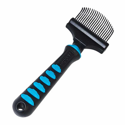 Pet grooming brush with black handle and blue comfort line curry comb sensitive