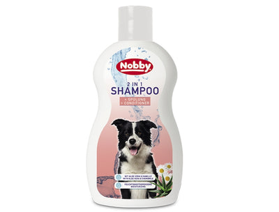 Nobby 2-in-1 Shampoo bottle with a dog illustration on a white background