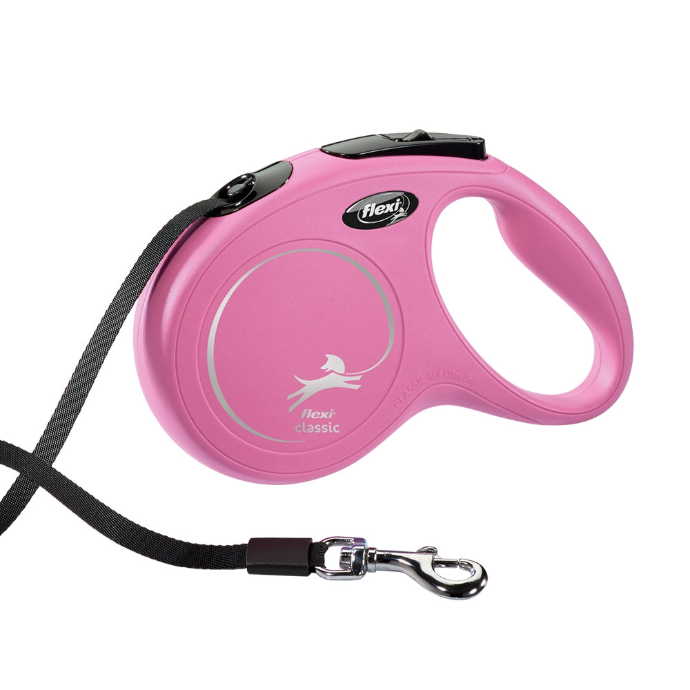 Pink retractable dog leash with 'Flexi' branding on a white background