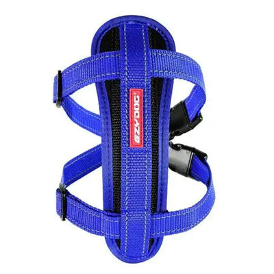 Blue dog harness with a visible brand logo on a white background