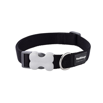 Black dog collar with a bone-shaped buckle and 'Red Dingo' branding on a white background