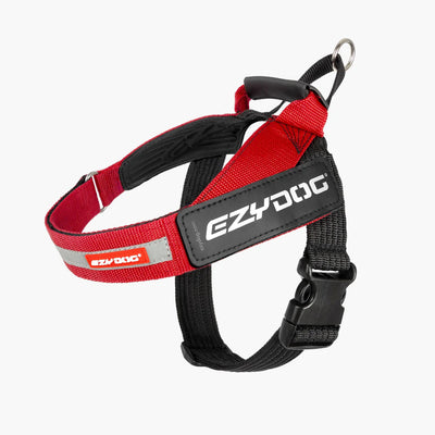 Red and black dog harness with EzyDog branding on a white background
