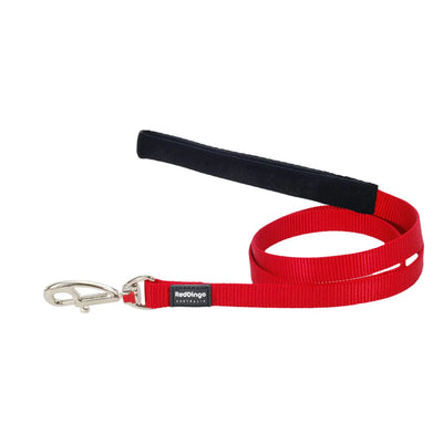 Red dog leash with black handle on a white background