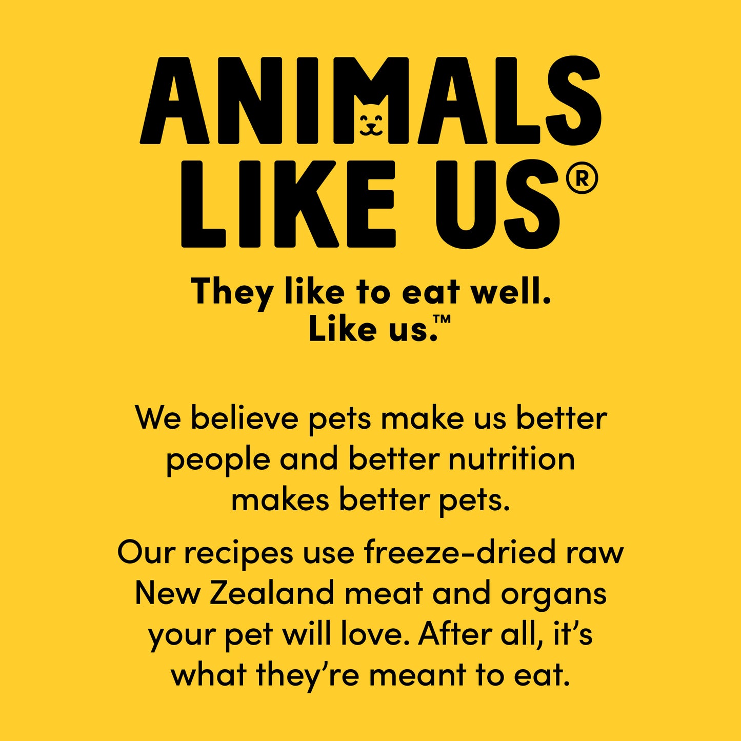 Yellow background with black text about pet food and its benefits