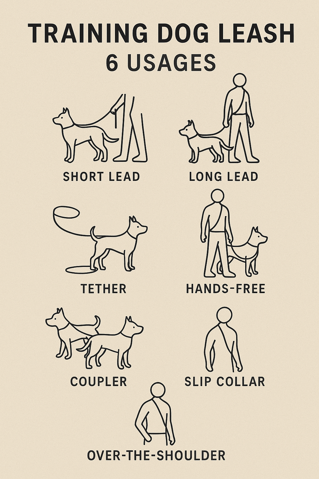 Diagram showing various uses of a dog leash on a beige background