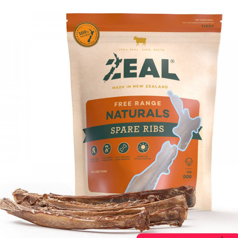 ZEAL free range natural spare ribs packaging with a bone on a white background