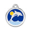Round pendant with dolphin design on a blue background