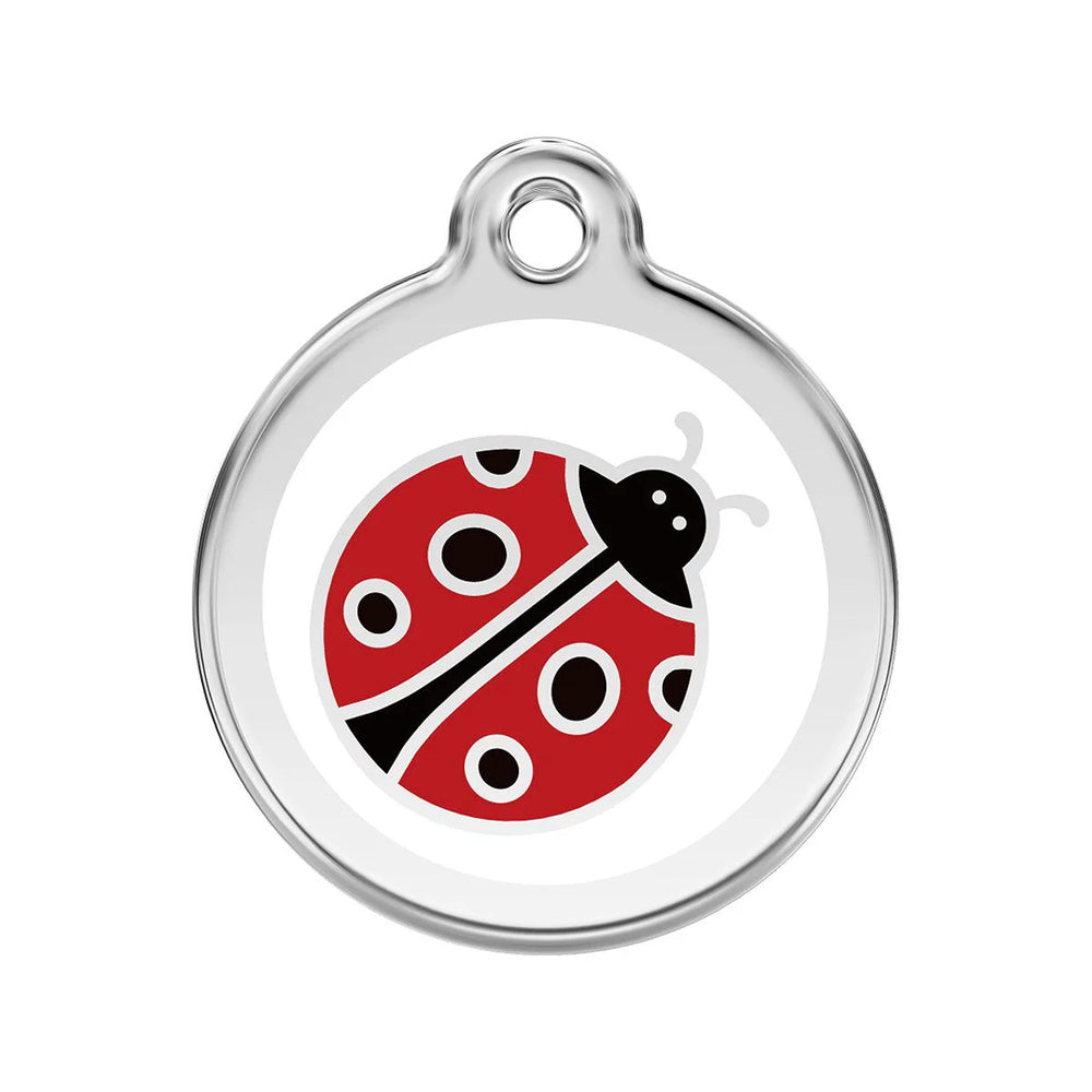 Round silver pet tag with a red and black ladybug design on a white background