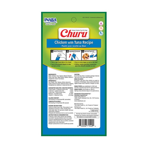 A package of INABA Churu Chicken with Tuna Recipe dog food, shown from the back of the packaging with a green top section, red and white Churu logo, and a blue and white information panel at the bottom.