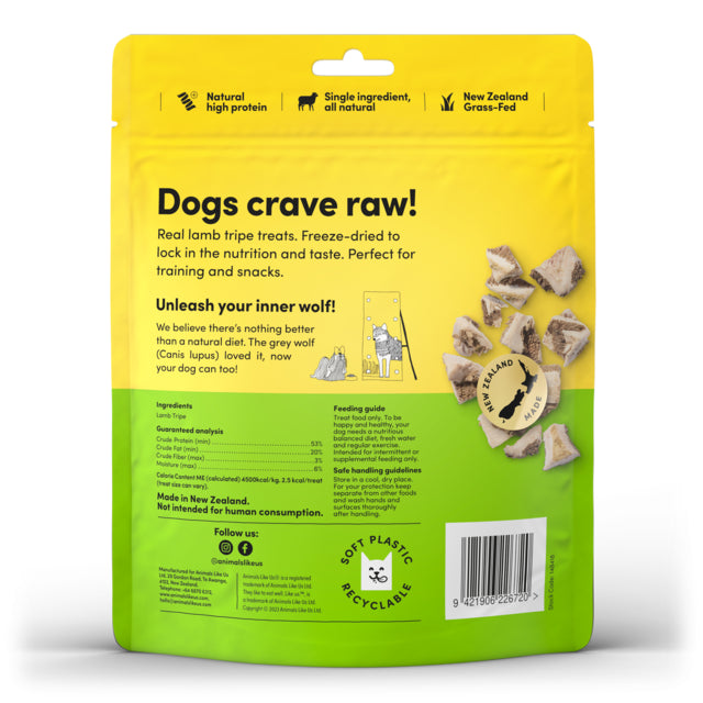 Package of Animals Like Us Grass-Fed Lamb Tripe freeze-dried raw dog treats on a white background