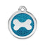 Dog tag with blue glittery background and white bone symbol on a white background