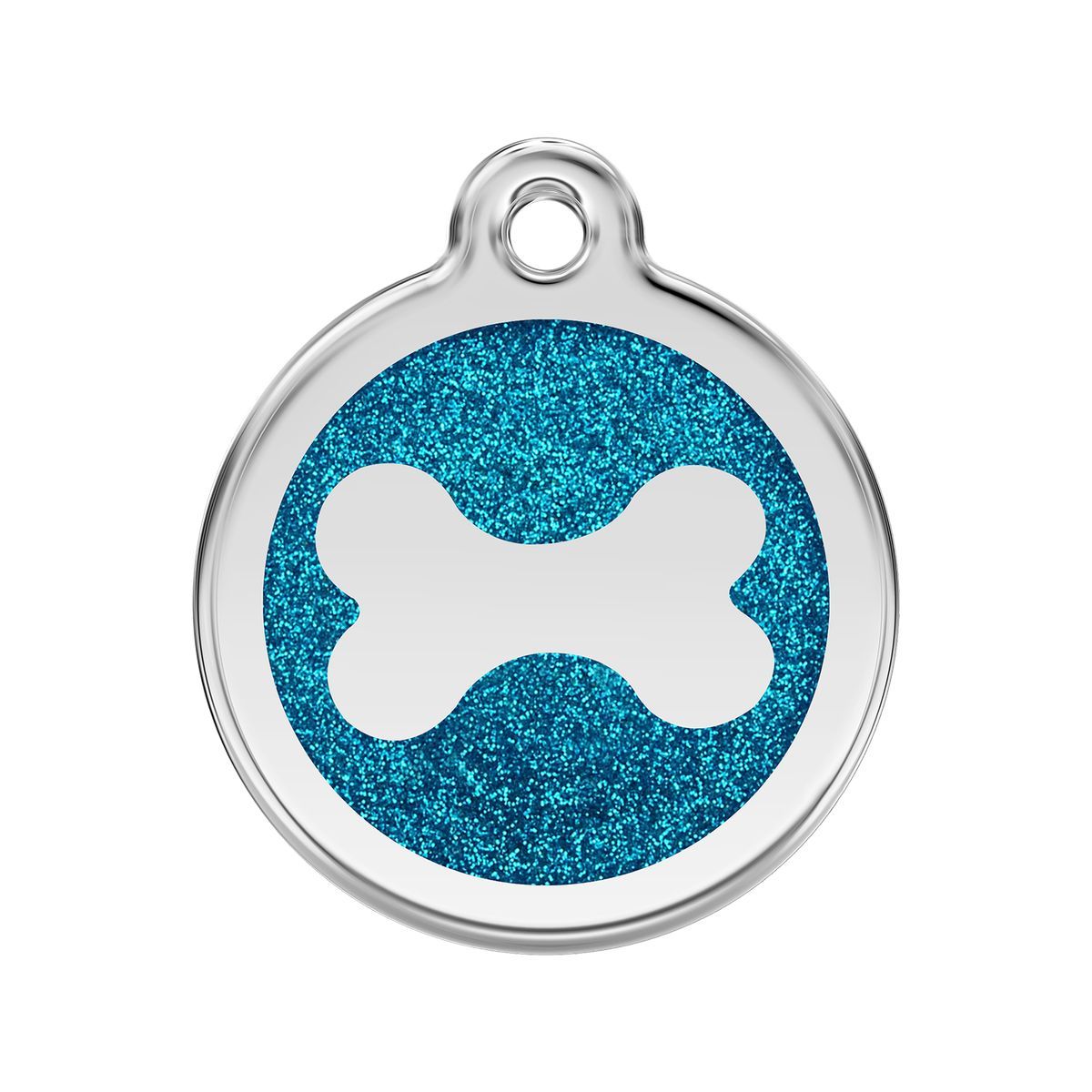 Dog tag with blue glittery background and white bone symbol on a white background
