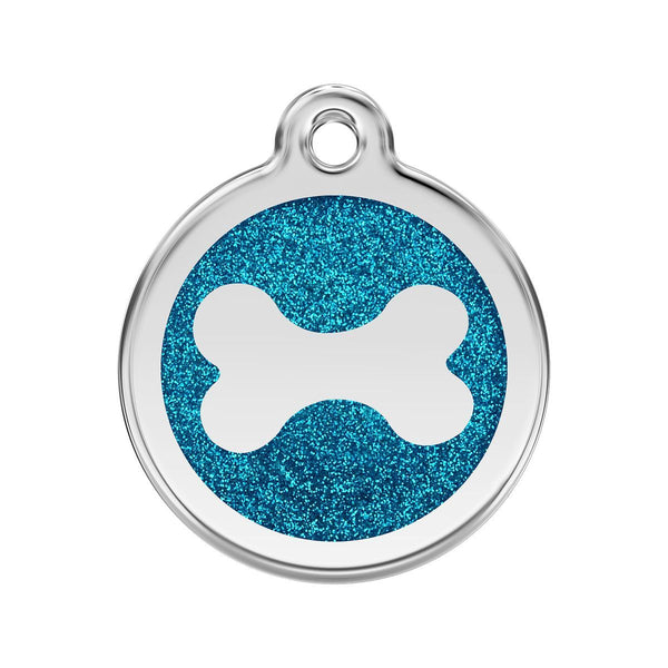 Dog tag with blue glittery background and white bone symbol on a white background