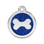 Dog tag with blue glittery background and white bone symbol on a white background