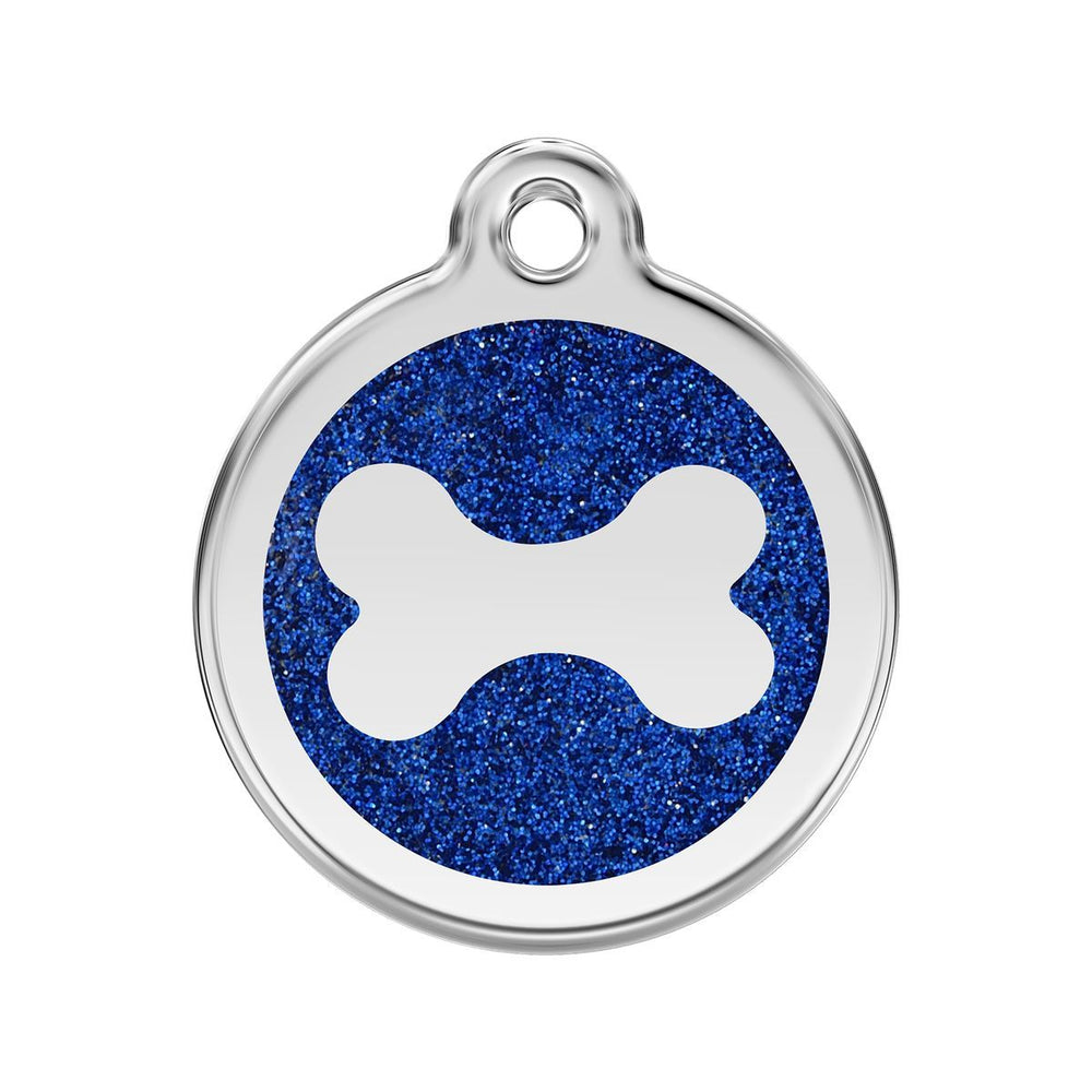 Dog tag with blue glittery background and white bone symbol on a white background