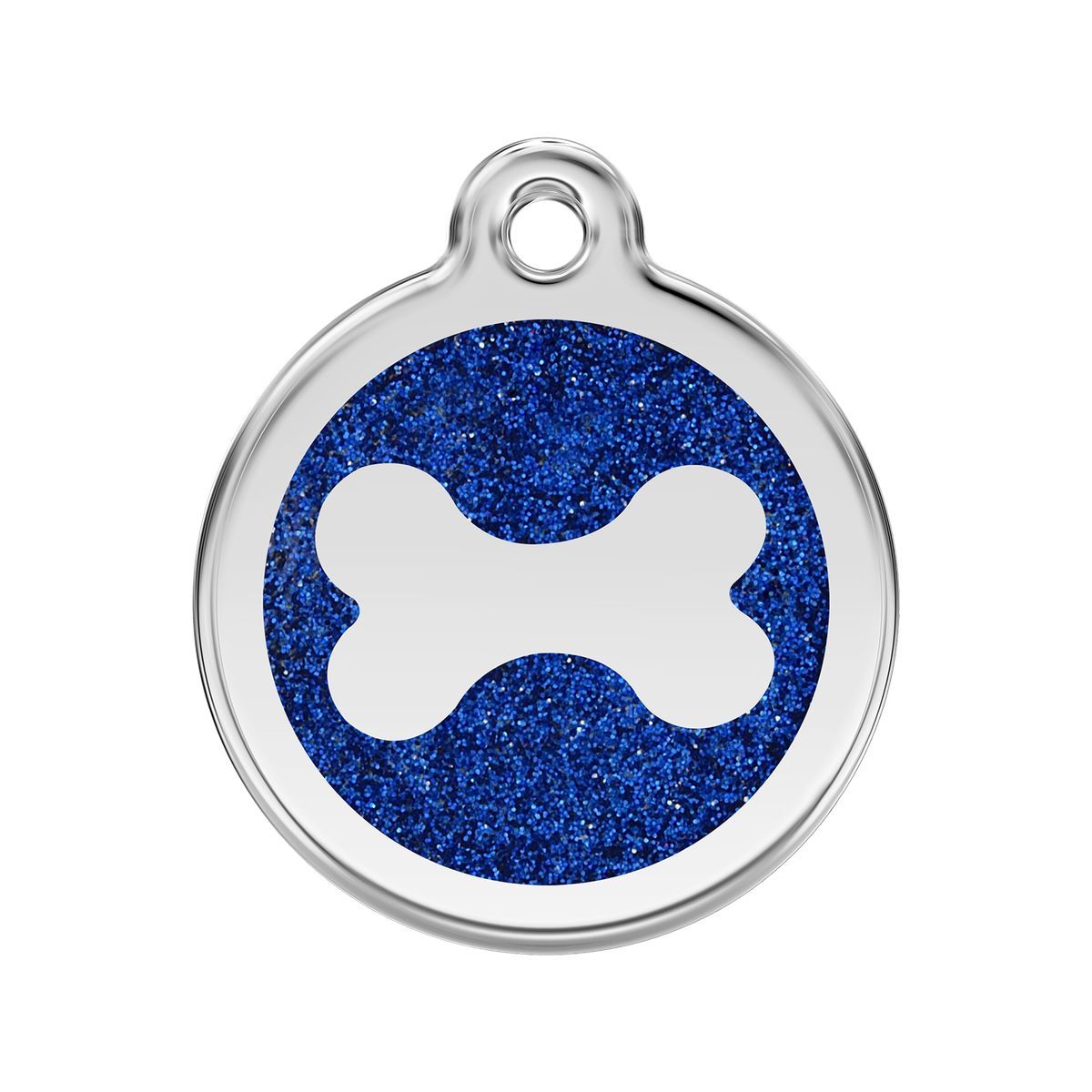 Dog tag with blue glittery background and white bone symbol on a white background