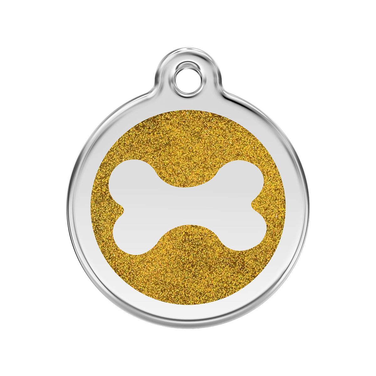 Dog tag with gold glittery bone design on a white background