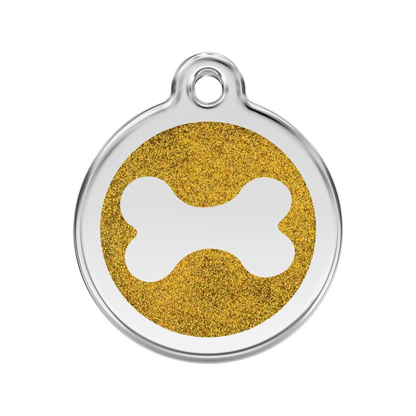 Dog tag with gold glittery bone design on a white background