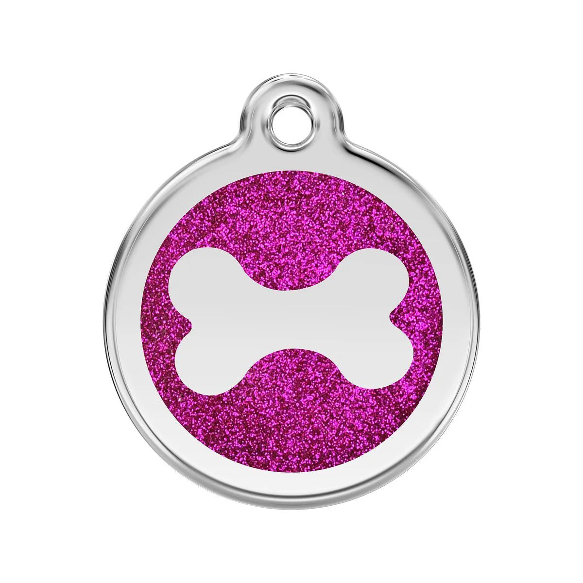 Round pet tag with pink glittery background and white bone design on a white background