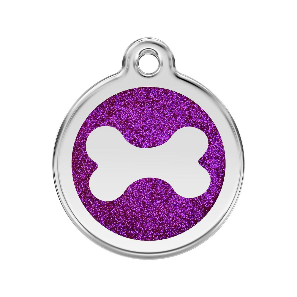 Dog tag with blue glittery background and white bone symbol on a white background