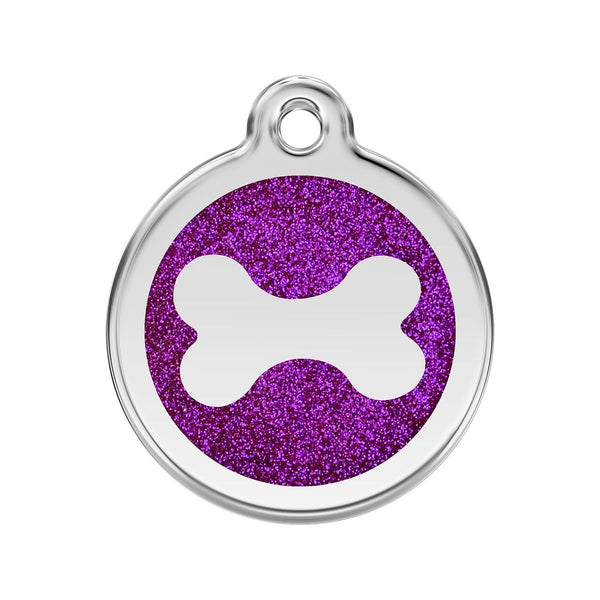 Pet tag with purple glittery background and white bone symbol on a white background