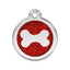 Dog tag with red glittery background and white bone symbol on a white background