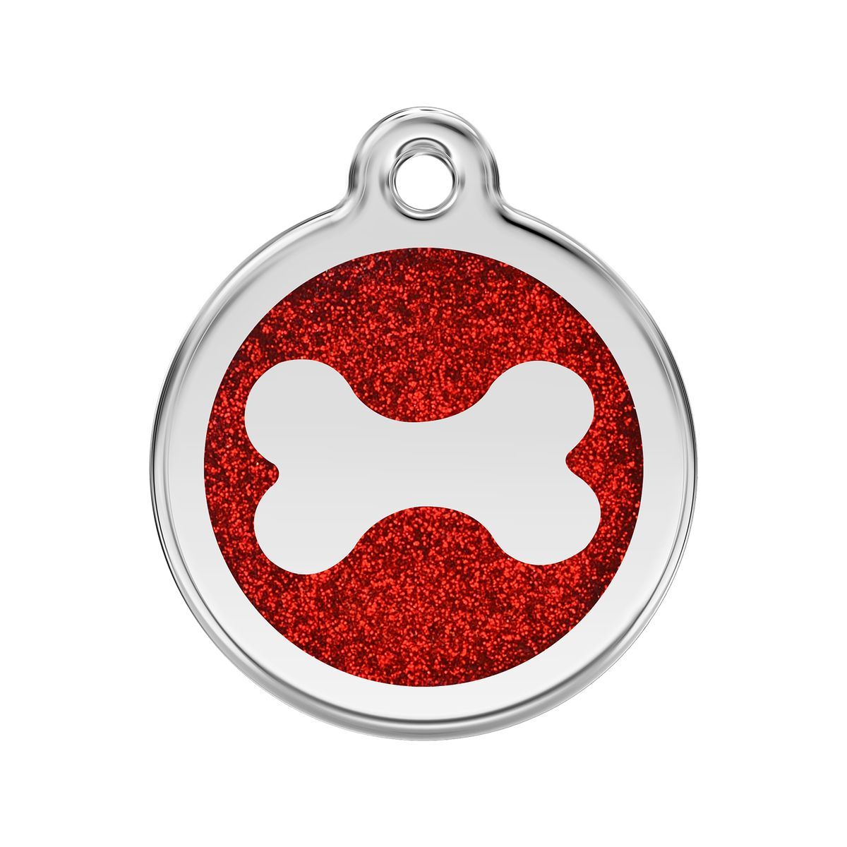 Dog tag with red glittery background and white bone symbol on a white background