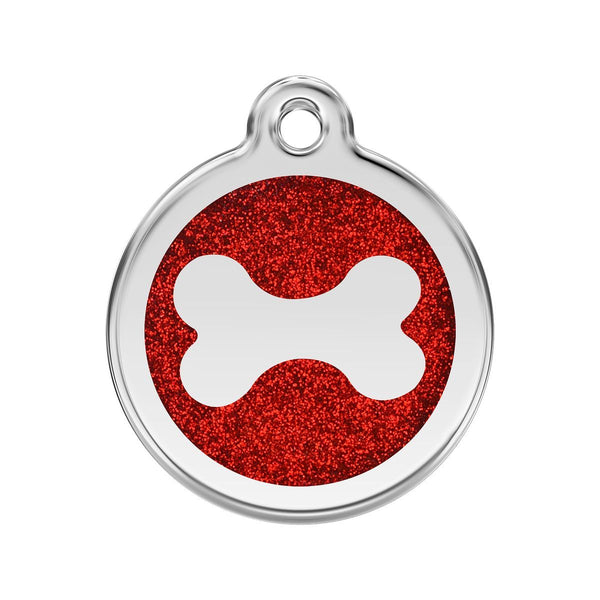 Dog tag with red glittery background and white bone symbol on a white background