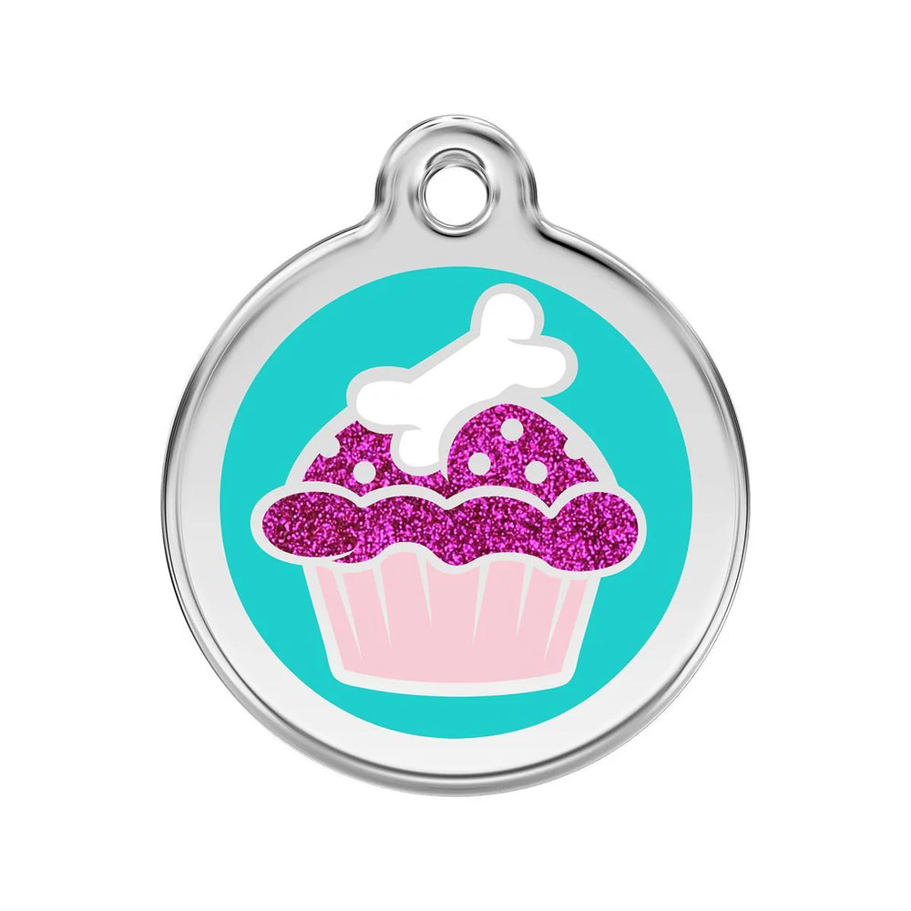 Round pet tag with a pink cupcake and bone design on a teal background