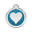 Pet tag with blue glitter heart design on a white background