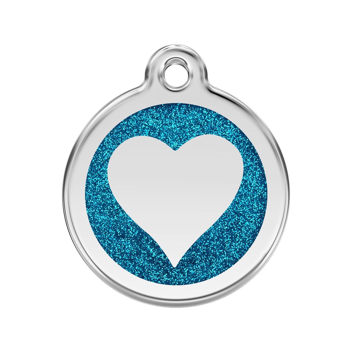 Pet tag with blue glitter heart design on a white background