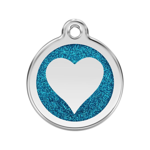 Pet tag with blue glitter heart design on a white background