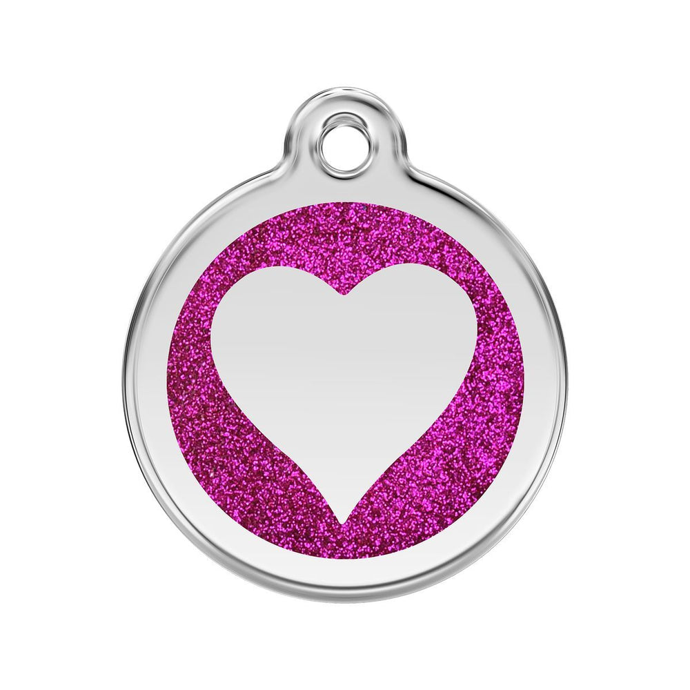 Pet tag with pink glitter heart design on a white background