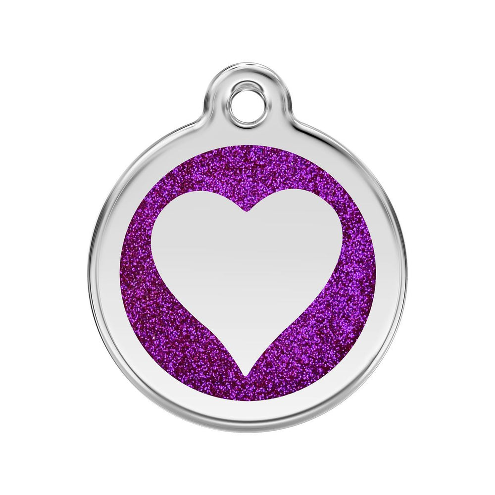 Pet tag with pink glitter heart design on a white background