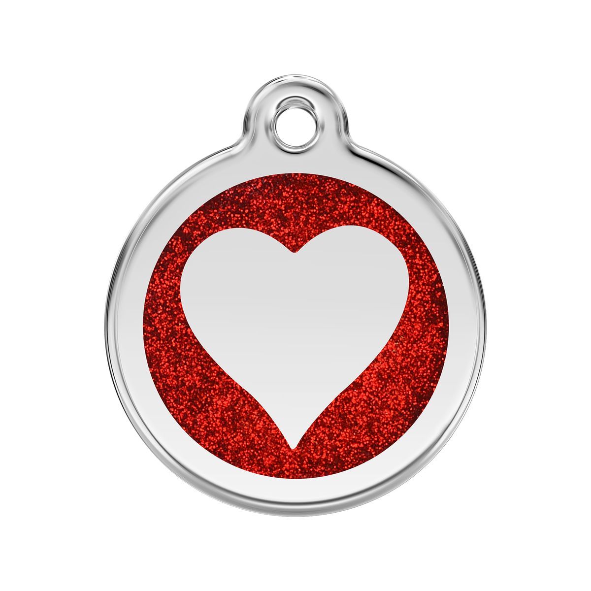 Pet tag with red glitter heart and white center on a white background