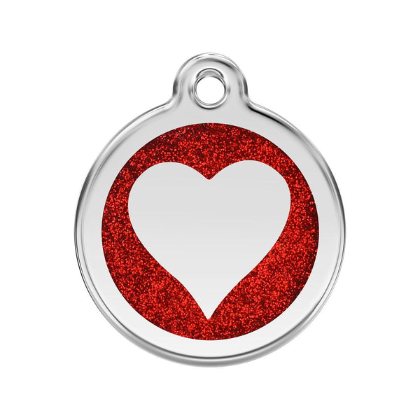 Pet tag with red glitter heart and white center on a white background
