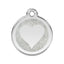 Silver pet tag with a heart design on a white background