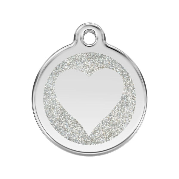 Silver pet tag with a heart design on a white background
