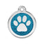 Pet tag with blue glitter background and white paw print on a white background