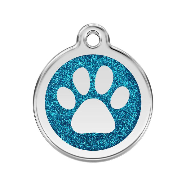 Pet tag with blue glitter background and white paw print on a white background