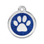 Pet tag with blue glittery background and white paw print on a white background