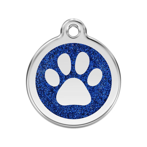 Pet tag with blue glittery background and white paw print on a white background