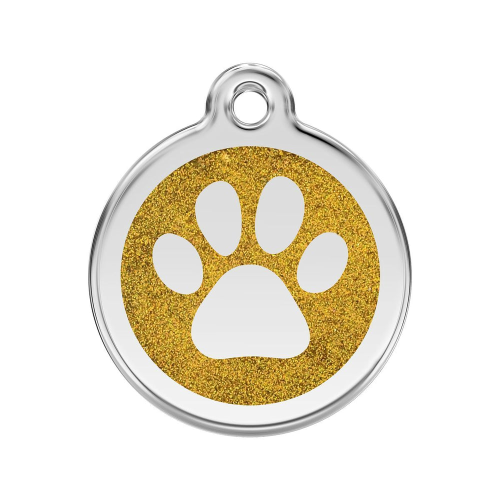 Pet tag with red glitter background and white paw print on a white background