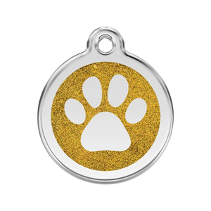 Pet tag with gold glitter paw print design on a white background