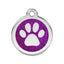 Pet tag with purple glittery background and white paw print on a white background