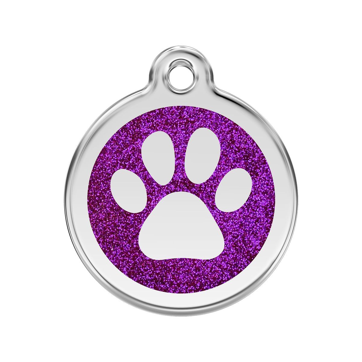 Pet tag with purple glittery background and white paw print on a white background