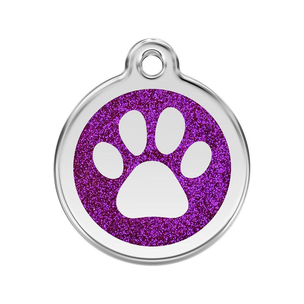 Pet tag with purple glittery background and white paw print on a white background