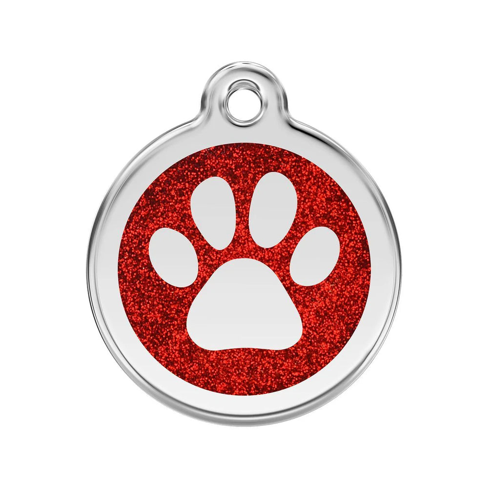 Pet tag with red glitter background and white paw print on a white background