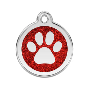 Pet tag with red glitter background and white paw print on a white background