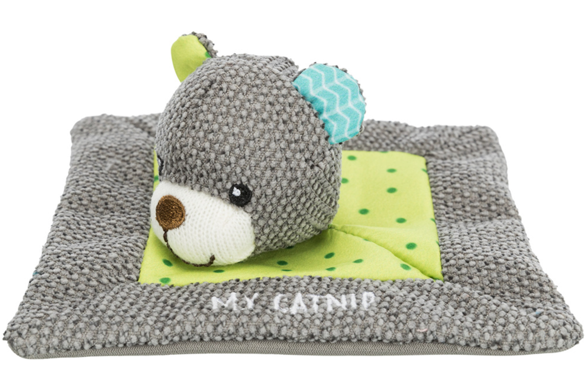 Gray plush toy with green accents on a matching blanket, branded 'My Catnip'.